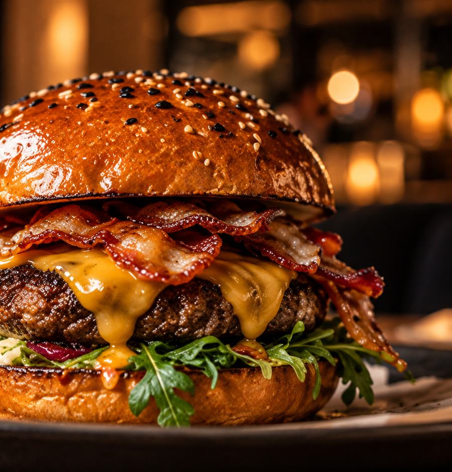 Burger mit Käse, Speck und frischem Salat, dazu Pommes