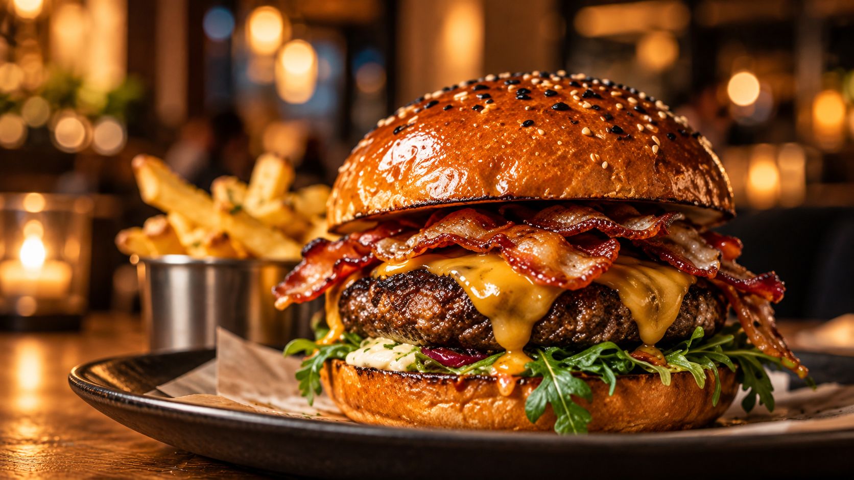 Burger im warmen Restaurantlicht