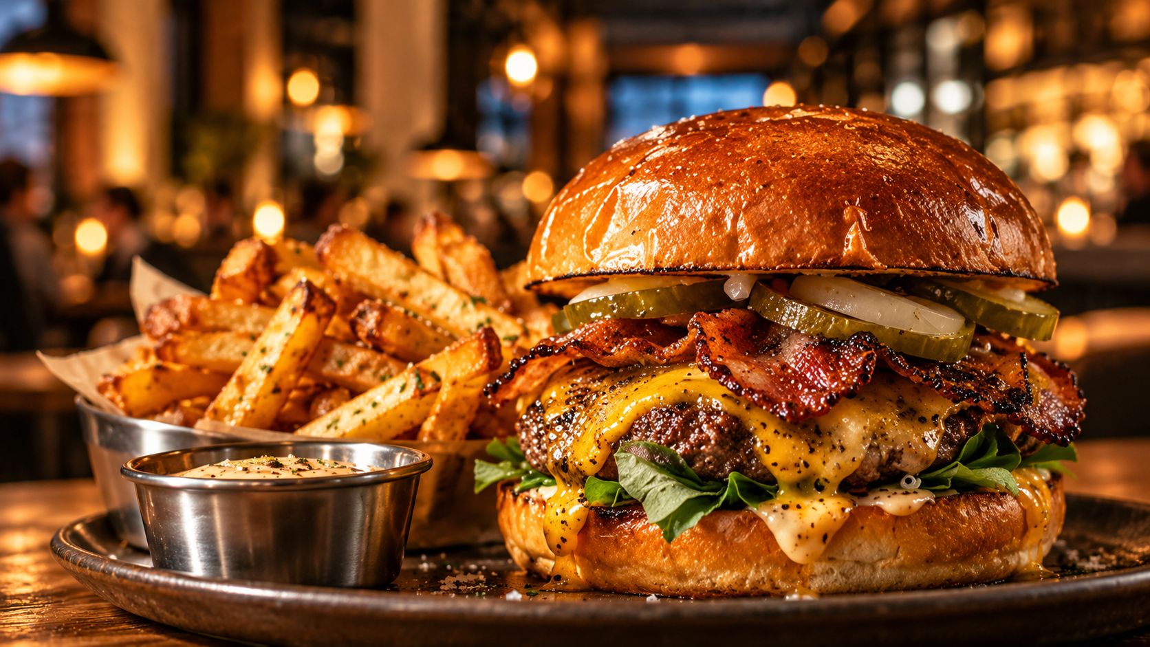 Burger im warmen Restaurantlicht