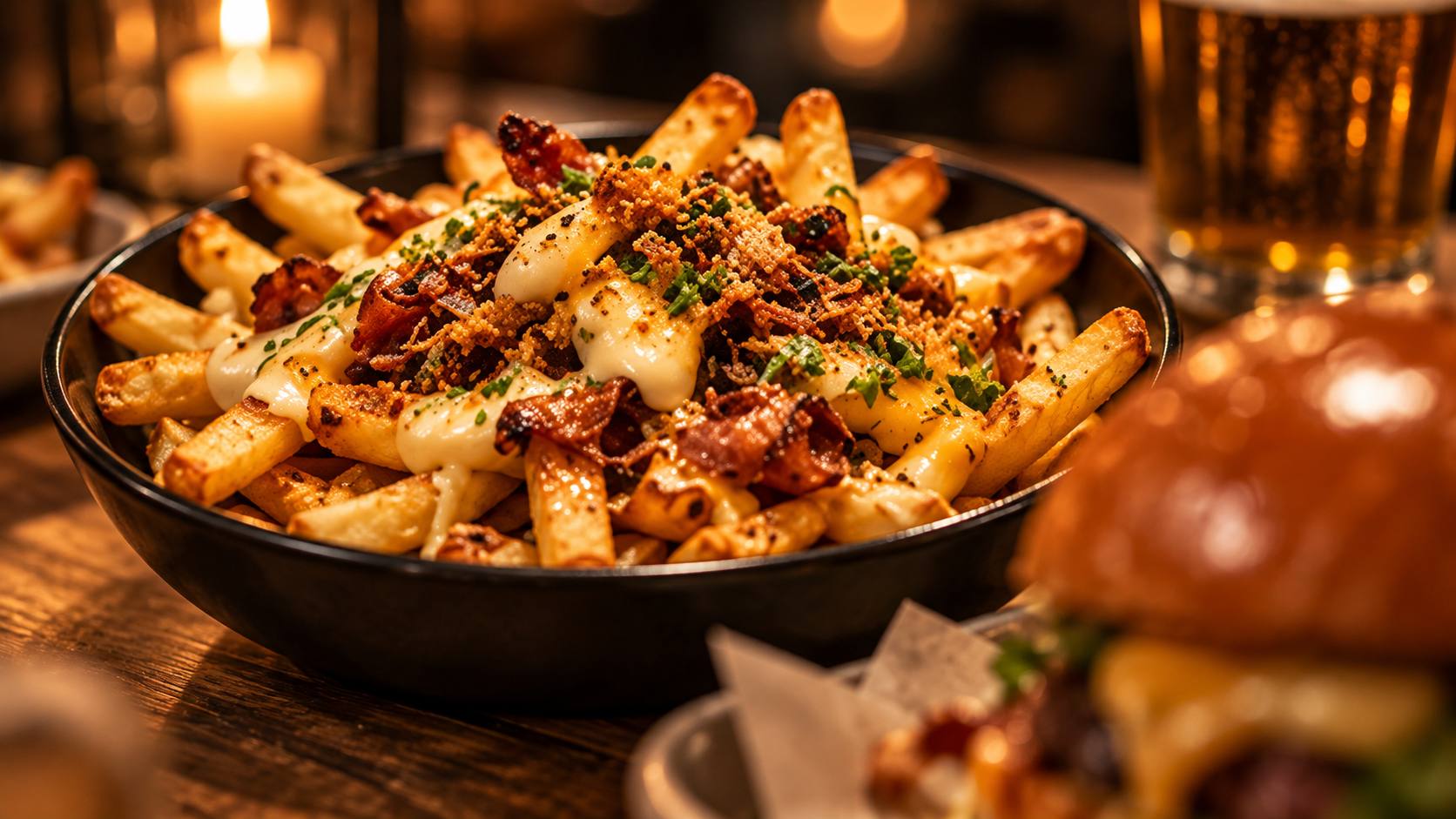 Pommes mit Soße und Toppings als Food-Moodbild